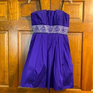 Royal purple jewel embellished strapless cocktail dress